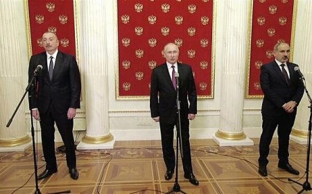 Putin, Əliyev və Paşinyan mətbuata bəyanatla çıxış etdilər